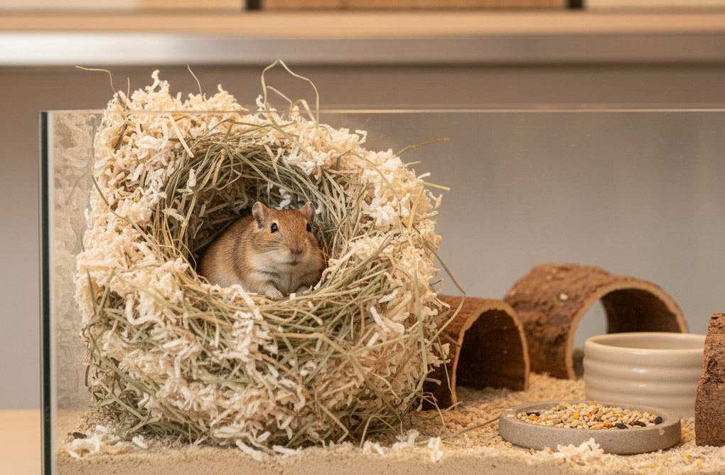 Jaula de jerbos preparada para el parto con nido y sustrato abundante