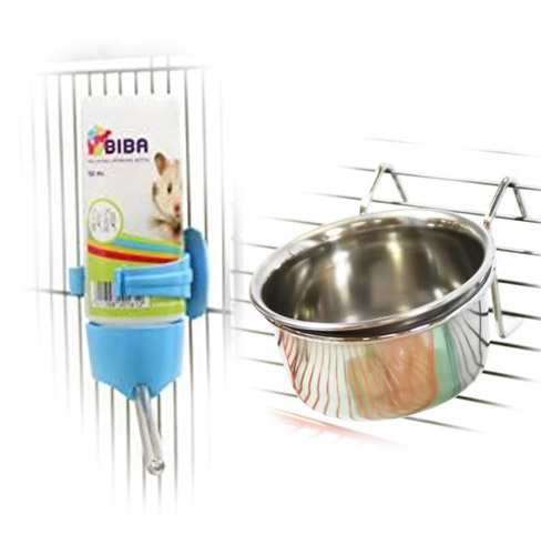 Accesorios incluidos en la jaula Savic Habitat XL: bebedero y comedero metálico