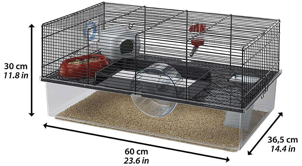 Dimensiones de la jaula Ferplast Favola para jerbos: 60 x 36,5 x 30 cm con base de plástico y rejilla metálica superior