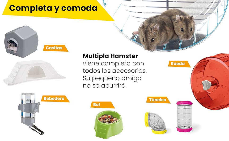 Accesorios incluidos en la jaula múltipla para jerbos: rueda de ejercicio, túneles, bebedero, comedero y casitas
