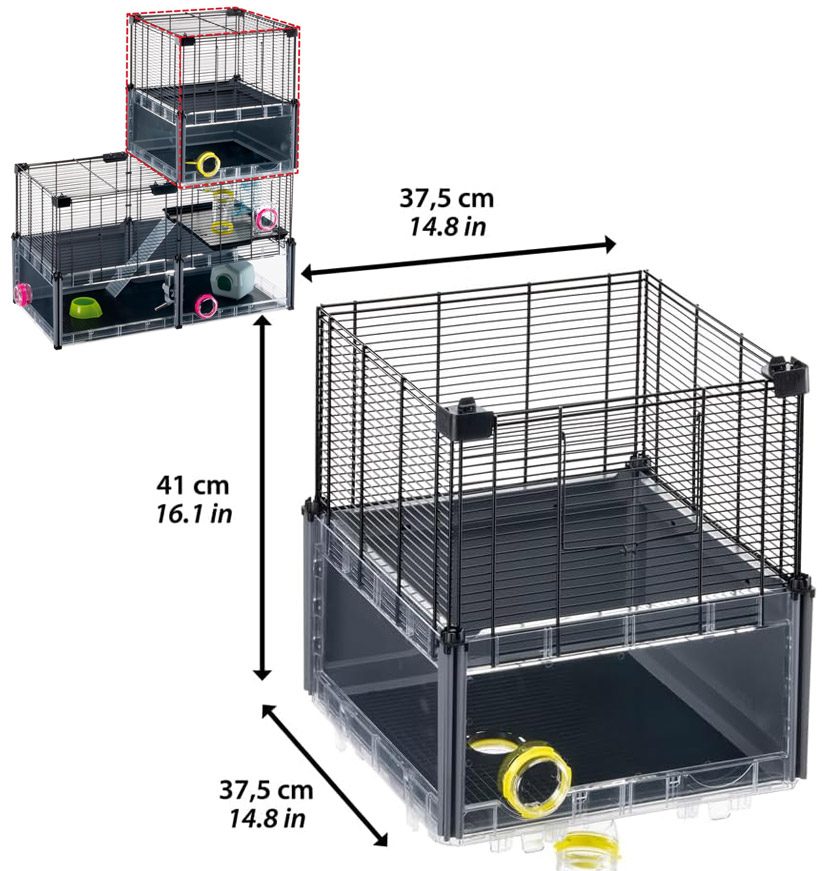Jaula múltipla para jerbos con módulos apilables y dimensiones detalladas del habitáculo